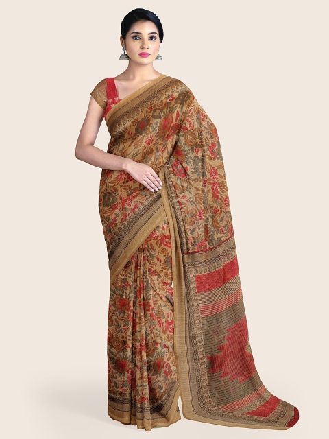 

Pothys Tan & Red Floral Printed Cotton Blend Saree