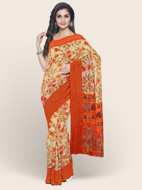 

Pothys Cream-Coloured & Orange Floral Printed Saree