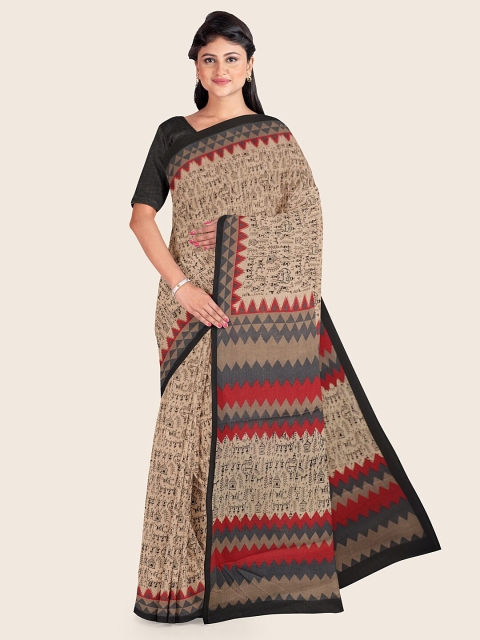 

Pothys Cream-Coloured & Red Warli Cotton Blend Saree