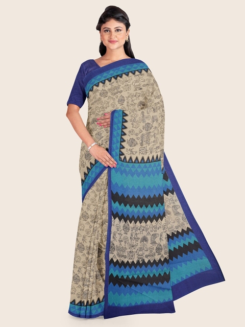 

Pothys Cream & Blue Warli Printed Saree