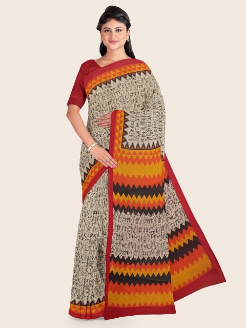 

Pothys Cream-Coloured & Orange Printed Saree