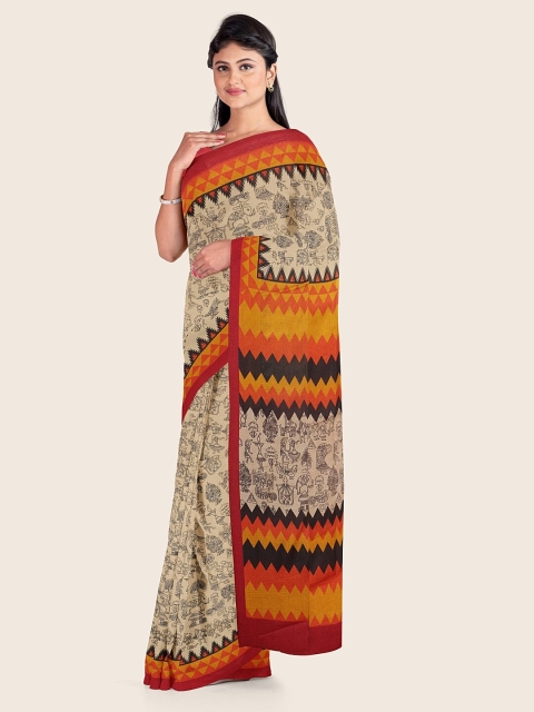 

Pothys Cream-Coloured & Black Abstract Printed Cotton Blend Saree