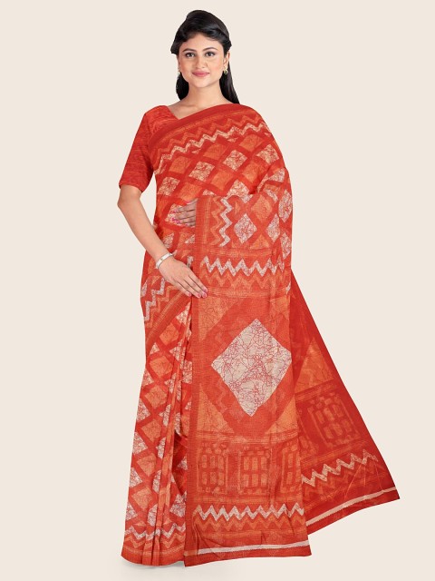 

Pothys Orange & White Zari Printed Cotton Blend Saree