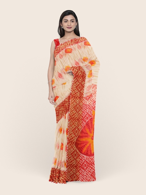 

Pothys Off White & Red Bandhani Printed Saree
