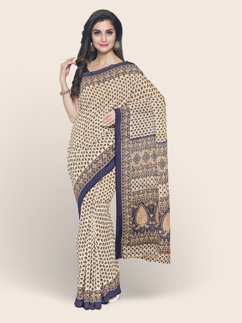 

Pothys Cream-Coloured & Blue Ethnic Motifs Cotton Blend Saree
