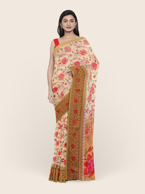

Pothys Cream-Coloured & Pink Floral Printed Saree