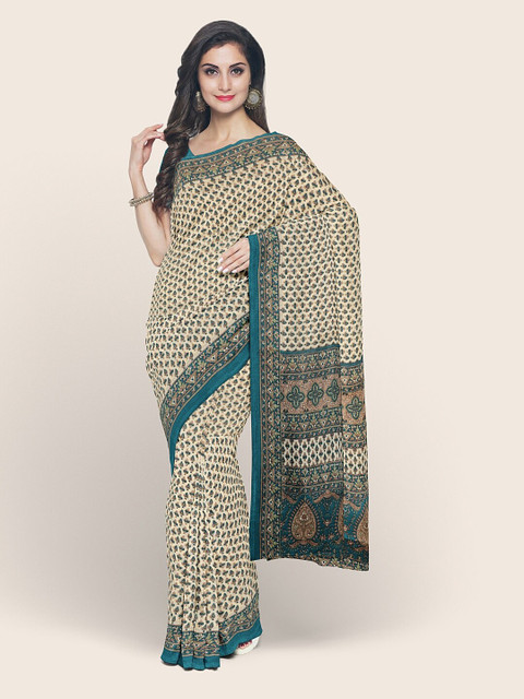 

Pothys Cream-Coloured & Blue Ethnic Motifs Printed Cotton Blend Saree