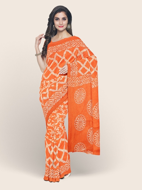 

Pothys Orange & Cream-Coloured Batik Cotton Blend Saree