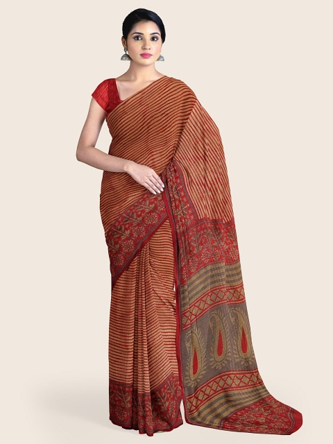 

Pothys Maroon & Grey Striped Ethnic Motifs Saree