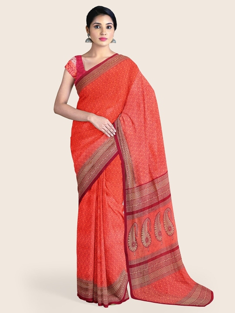 

Pothys Red & Orange Ethnic Motifs Cotton Blend Saree