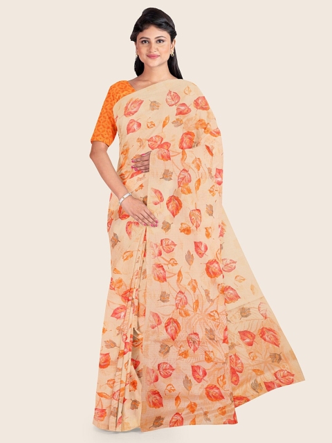 

Pothys Peach-Coloured & Orange Floral Printed Cotton Blend Saree