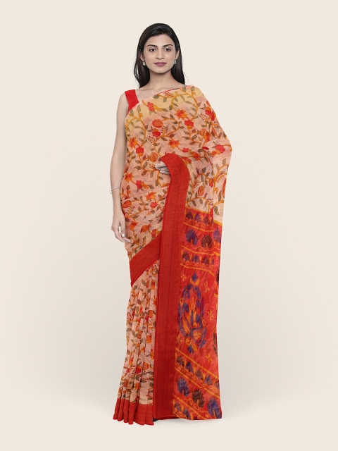 

Pothys Cream-Coloured & Red Floral Cotton Blend Saree