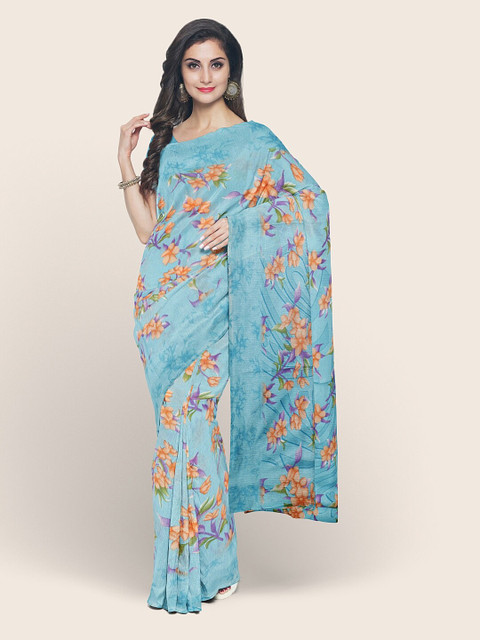 

Pothys Blue & Orange Floral Printed Cotton Blend Saree
