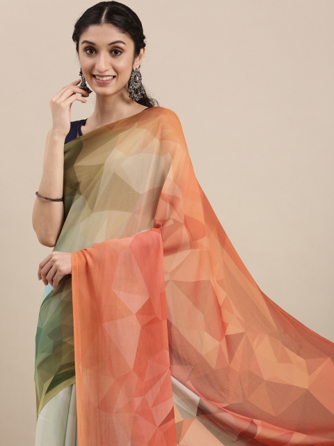 

navyasa Coral Orange & Green Geometric Printed Saree