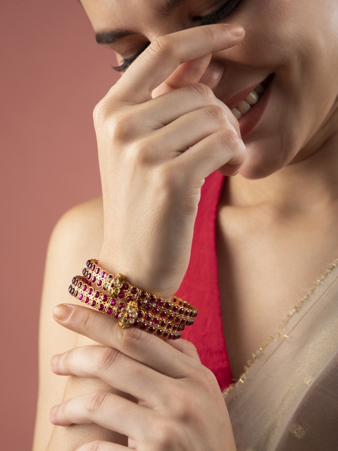 

Rubans Set Of 2 22K Gold-Plated Pink Stones-Studded Bangle