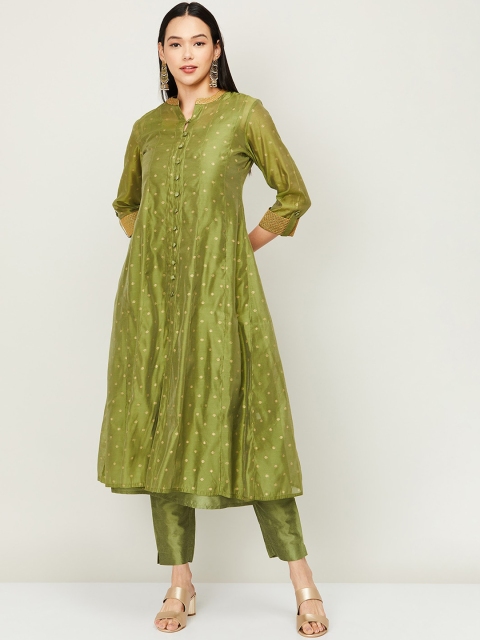 

Melange by Lifestyle Women Olive Green Printed Panelled Chanderi Silk Kurta with Trousers
