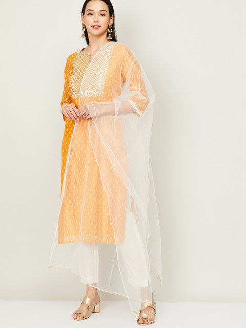 

Melange by Lifestyle Women Orange & Off-White Printed Kurta With Trousers & Dupatta