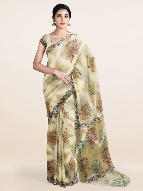 

Pothys Cream-Coloured & Green Ethnic Motifs Pure Cotton Saree