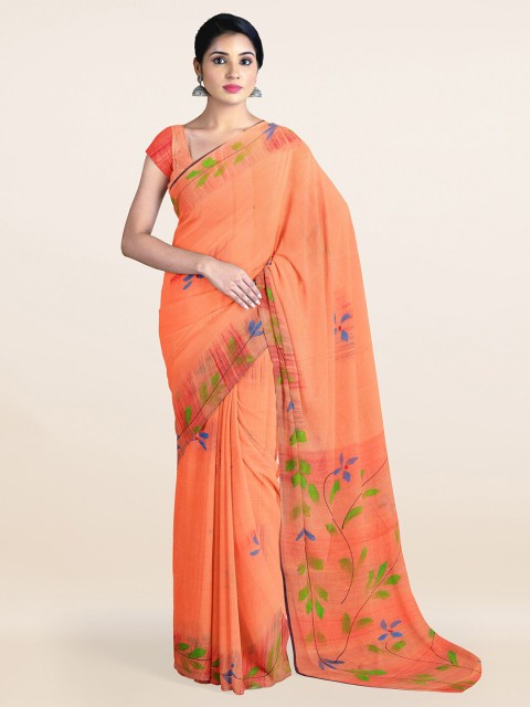 

Pothys Peach & Blue Floral Printed Pure Cotton Saree