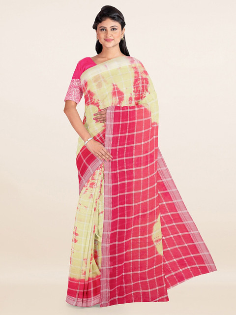 

Pothys Cream-Coloured & Pink Bandhani Checked Printed Pure Cotton Saree