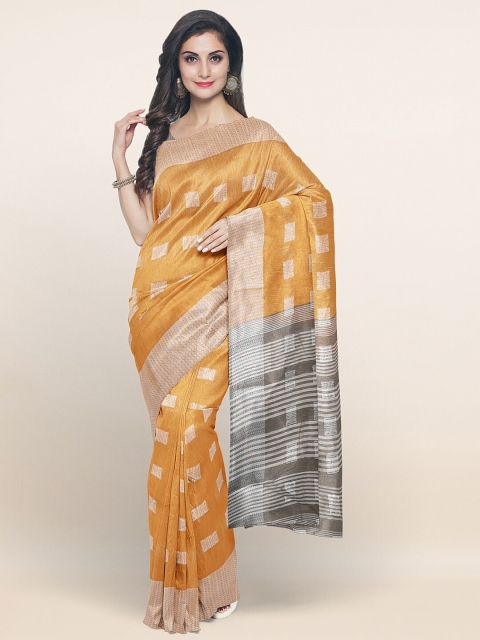 

Pothys Mustard & Silver-Toned Zari Cotton Blend Saree