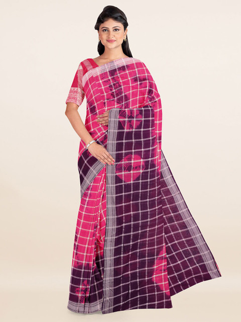 

Pothys Pink & Purple Tie and Dye Checked Pure Cotton Saree