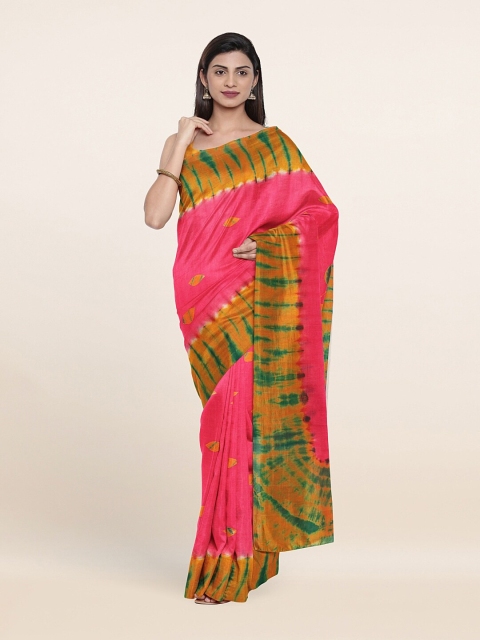 

Pothys Pink & Green Tie and Dye Pure Cotton Heavy Work Saree