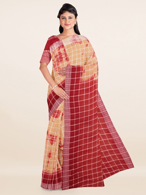 

Pothys Peach-Coloured & Red Checked Bandhani Printed Pure Cotton Saree