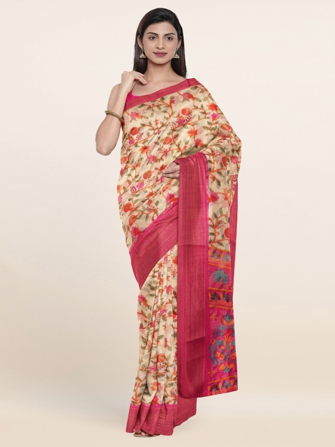 

Pothys Cream-Coloured & Magenta Floral Printed Saree