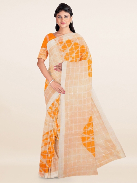 

Pothys Cream-Coloured & Orange Checked Zari Pure Cotton Saree