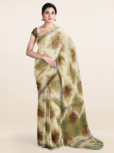 

Pothys Cream-Coloured & Green Ethnic Motifs Printed Pure Cotton Saree