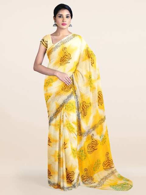 

Pothys Cream-Coloured & Yellow Ethnic Motifs Pure Cotton Saree