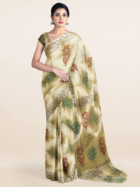 

Pothys Cream-Coloured & Green Ethnic Motifs Printed Pure Cotton Saree
