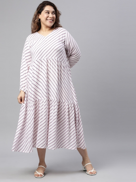 

The Pink Moon Plus Size Women White & Pink Striped A-Line Midi Dress