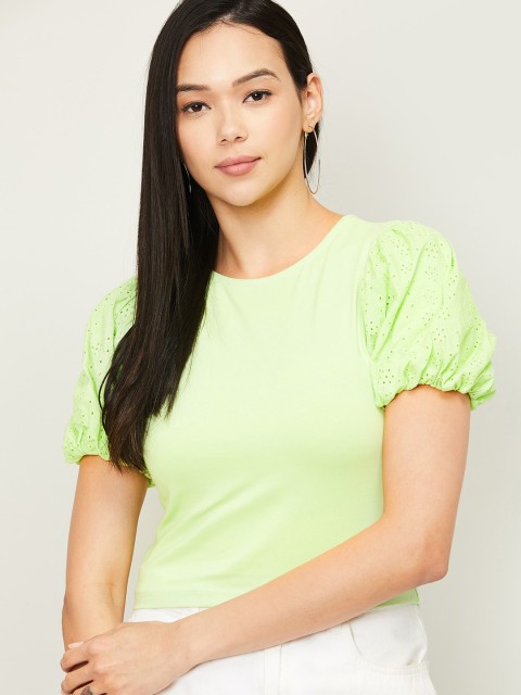 

Ginger by Lifestyle Women Green Solid Puff Sleeves Top