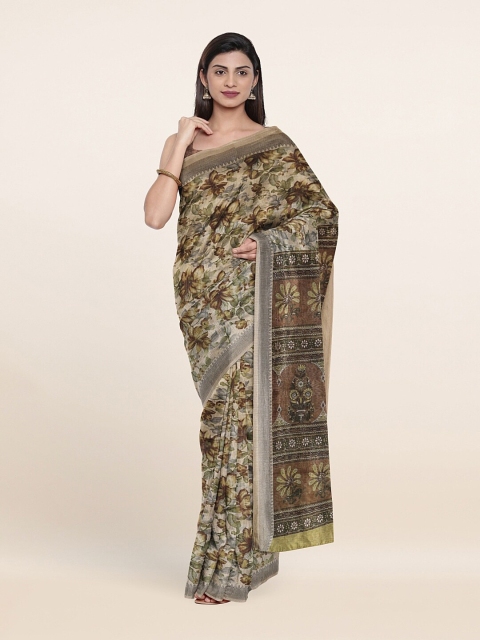 

Pothys Cream-Coloured & Brown Floral Cotton Blend Saree