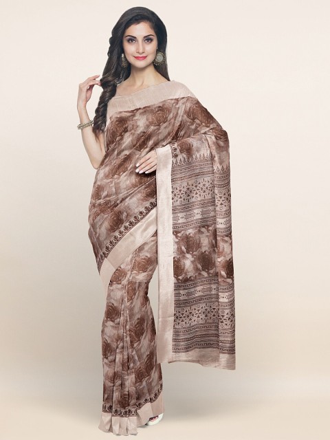 

Pothys Brown Floral Printed Cotton Blend Zari Saree