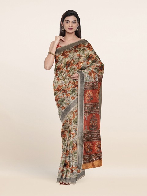 

Pothys Cream-Coloured & Brown Floral Zari Cotton Blend Saree