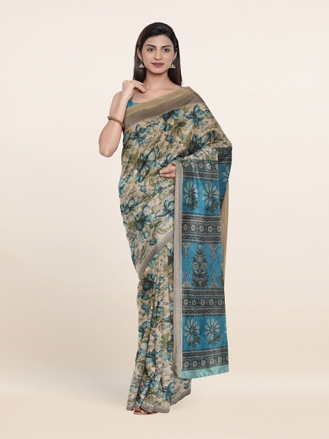 

Pothys Cream-Coloured & Blue Floral Printed Saree