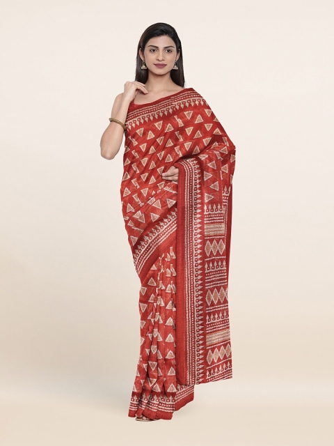

Pothys Rust & Off White Geometric Printed Cotton Blend Saree