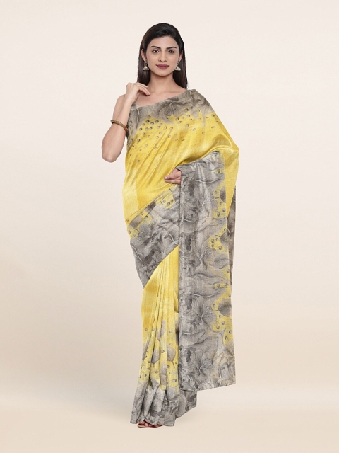 

Pothys Yellow & Grey Floral Cotton Blend Saree