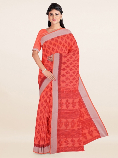 Pothys Coral & Silver-Toned Ethnic Motifs Printed Zari Saree