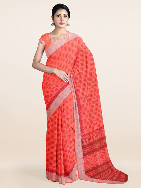 

Pothys Coral & Silver-Toned Ethnic Motifs Printed Saree