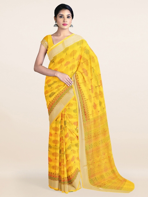 

Pothys Yellow & Gold-Toned Floral Printed Zari Saree