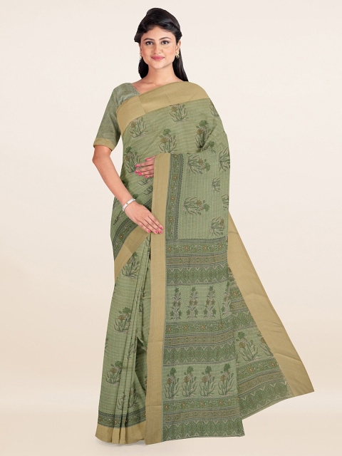 

Pothys Green & Gold-Toned Floral Printed Zari Border Saree