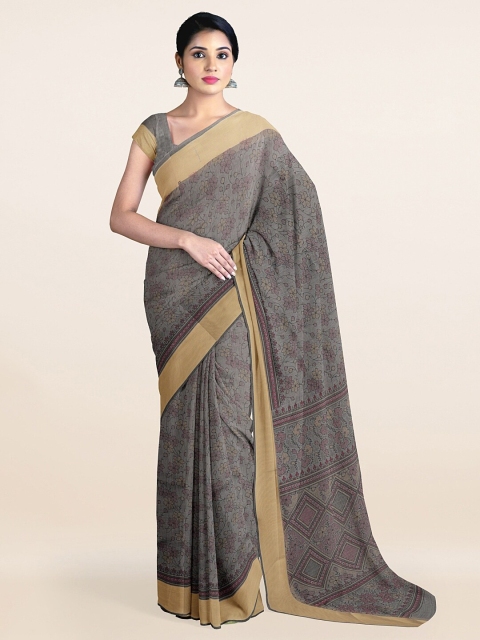 

Pothys Grey & Gold-Toned Floral Printed Zari Saree