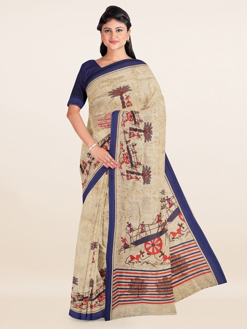 

Pothys Cream-Coloured & Blue Warli Printed Saree