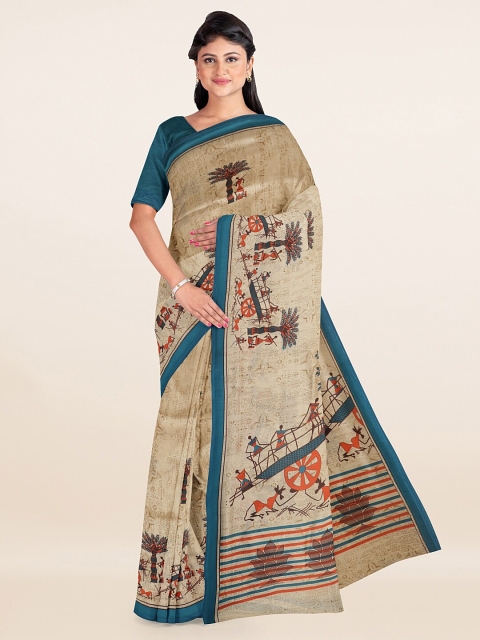 

Pothys Cream-Coloured & Blue Warli Printed Saree