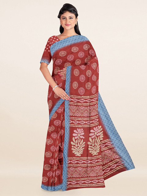 

Pothys Brown & Blue Floral Printed Zari Saree