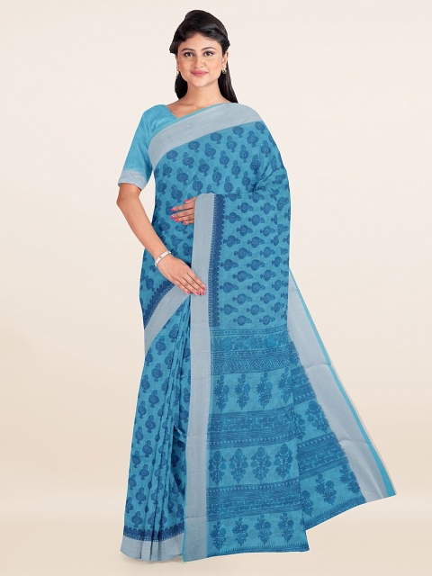 

Pothys Blue & Silver-Toned Ethnic Motifs Printed Zari Saree